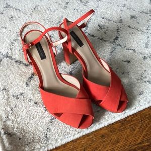 Bimba Y Lola Red Chunky Peep Toe Sandal Heels